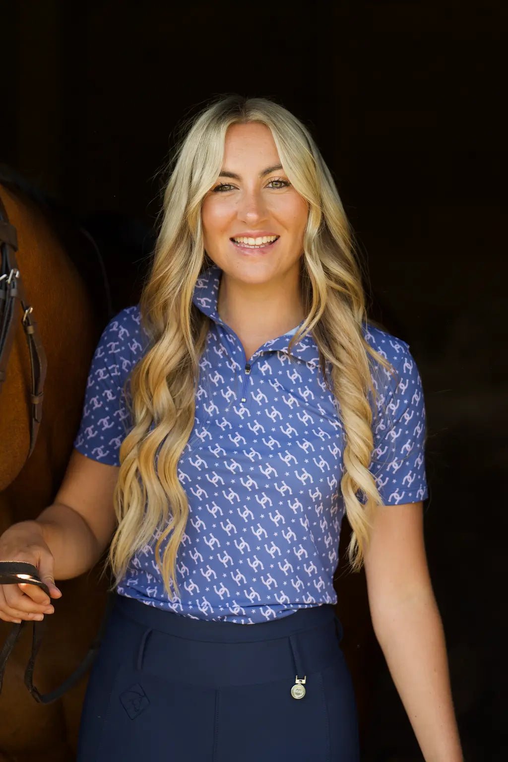 Cowgirl Technical Horse Tiding T-Shirt - navy and lilac - Halt Equestrian